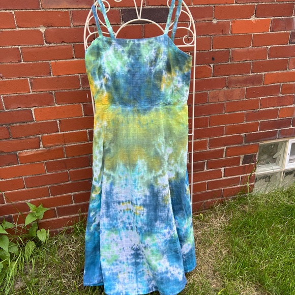 Free People sundress, tie dyed cotton in shades of blue, green and yellow - Picture 7 of 8